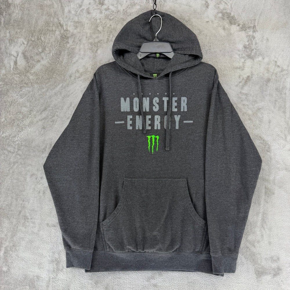 Monster Energy Hoodie Mens L Charcoal Gray Graphic Pullover EUC